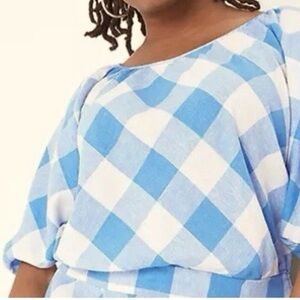 Lane Bryant Linen blue & white gingham blouse puff sleeve plus size 22